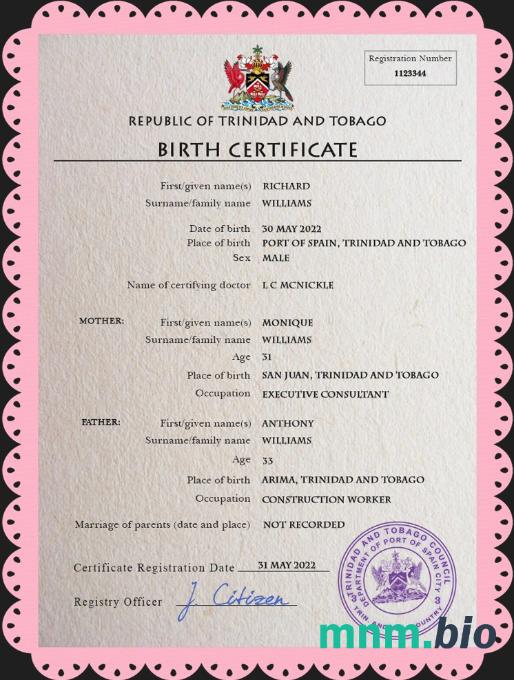 Trinidad and Tobago rekord życiowy narodziny certyfikat PSD szablon